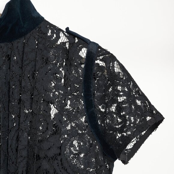 Sacai PF16 Black & Blue Lace Velvet-Trim Blouse - Picture 6 of 11